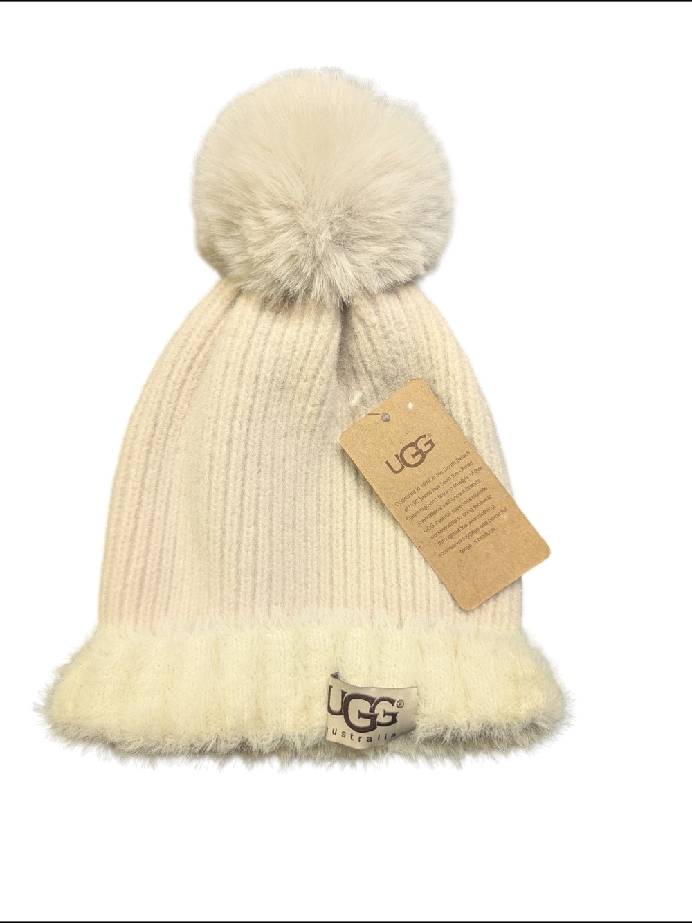 UGG Cream Faux-Fur Trim Pom Beanie